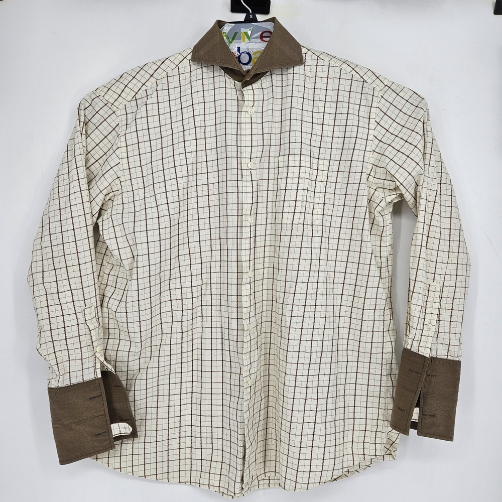 Steven Land Dress Shirt Mens 17.5 36-37 Brown Check Button‎ Long Sleeve Vintage